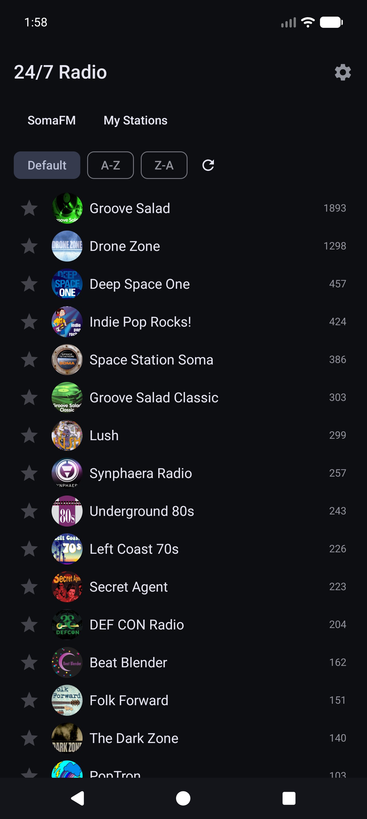 Station list showing SomaFM tab